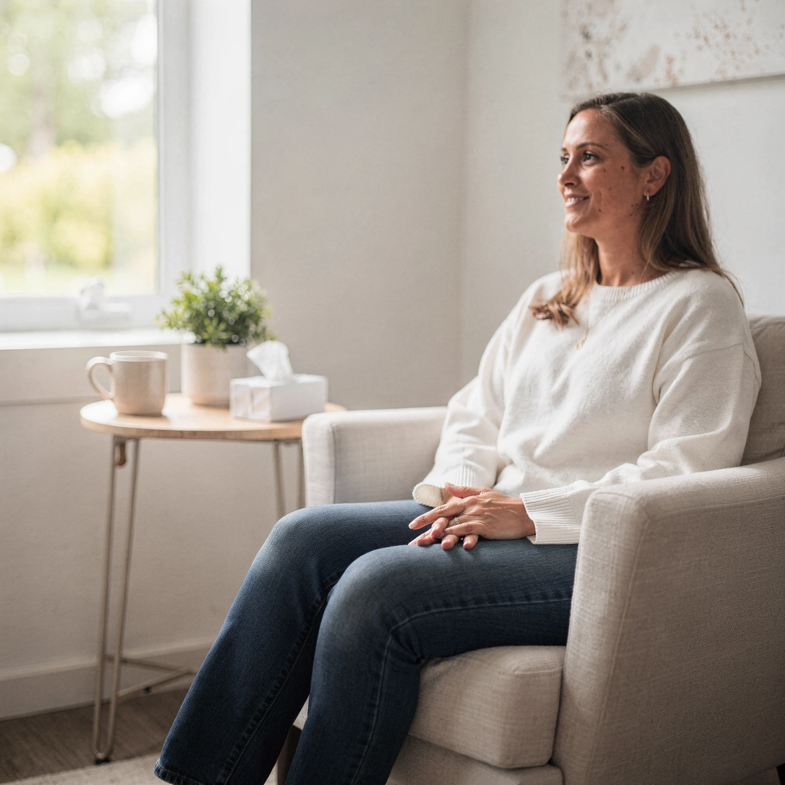 Woman smiling while seated in therapy office chair beside small table with mug and plant